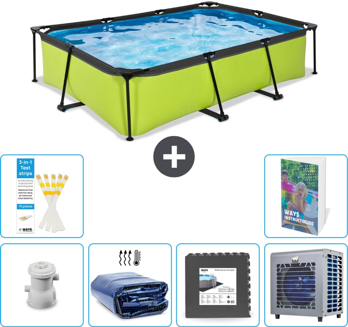 EXIT Rechthoekig Lime Frame Zwembad - 300 x 200 x 65 cm - Inclusief Pomp - Solarzeil - Vloertegels - Warmtepomp - 7-delig
