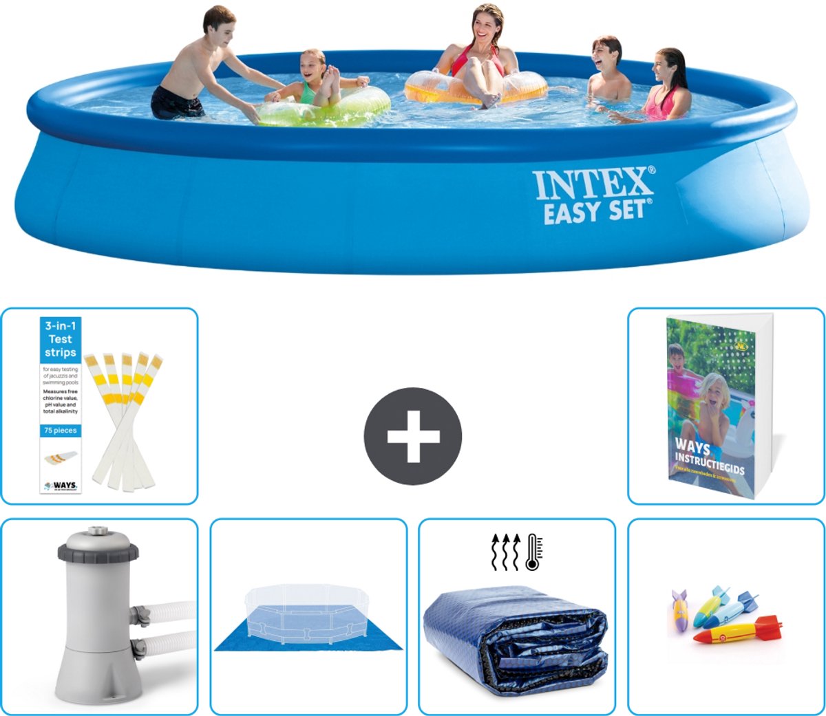 Intex Rond Opblaasbaar Easy Set Zwembad - 457 x 84 cm - Blauw - Inclusief Pomp - Grondzeil - Solarzeil - Speelgoed - 7-delig