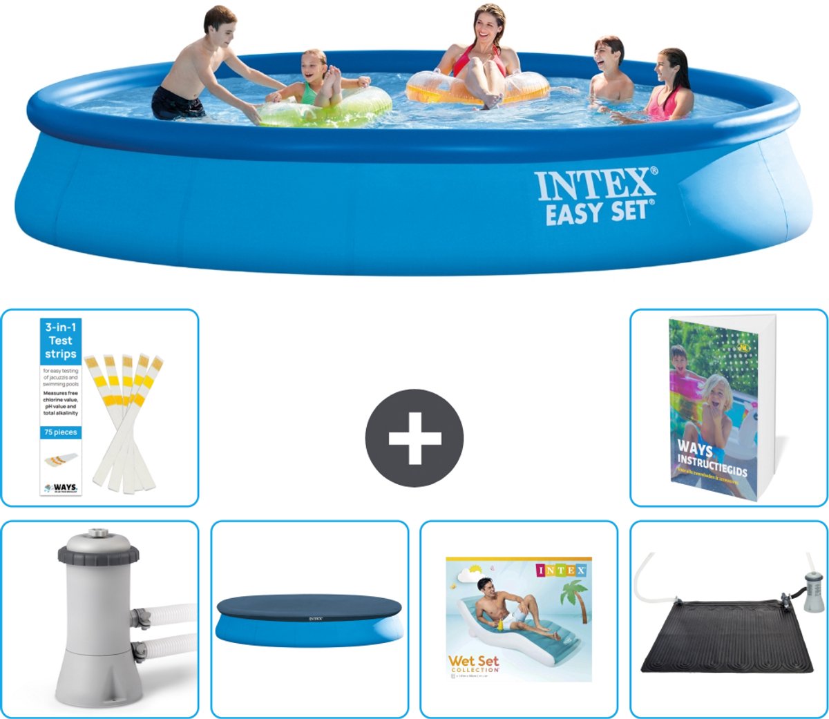 Intex Rond Opblaasbaar Easy Set Zwembad - 457 x 84 cm - Blauw - Inclusief Pomp - Afdekzeil - Loungebed - Solar Mat - 7-delig