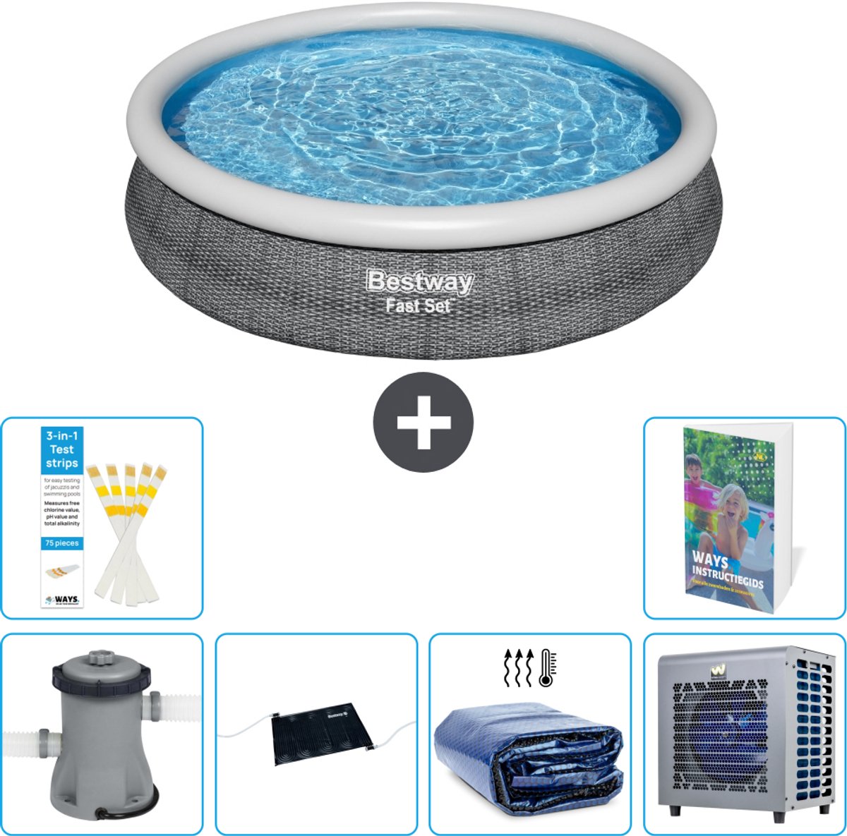 Bestway Rond Opblaasbaar Fast Set Zwembad - Rotanprint - 366 x 76 cm - Inclusief Pomp - Solar Mat - Solarzeil - Warmtepomp - 7-delig