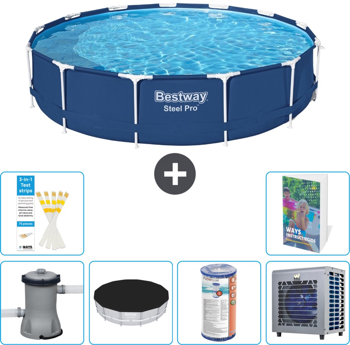 Bestway Rond Steel Pro Zwembad - 396 x 84 cm - Blauw - Inclusief Pomp - Afdekzeil - Filter - Warmtepomp - 7-delig
