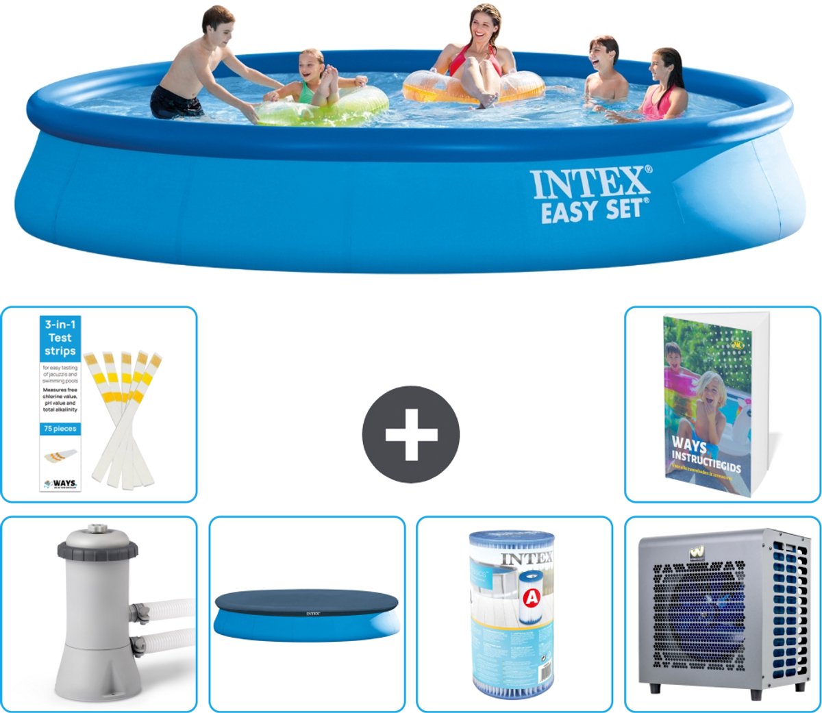 Intex Rond Opblaasbaar Easy Set Zwembad - 457 x 84 cm - Blauw - Inclusief Pomp - Afdekzeil - Filter - Warmtepomp - 7-delig