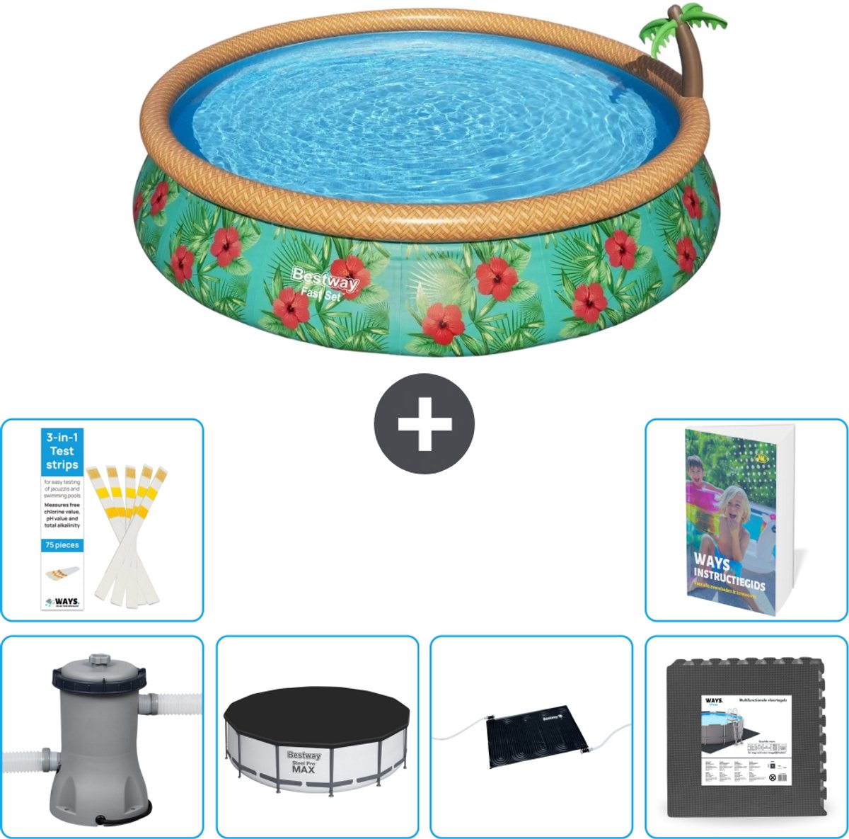 Bestway Rond Opblaasbaar Fast Set Zwembad - Paradijsprint - 457 x 84 cm - Inclusief Pomp - Afdekzeil - Solar Mat - Vloertegels - 7-delig