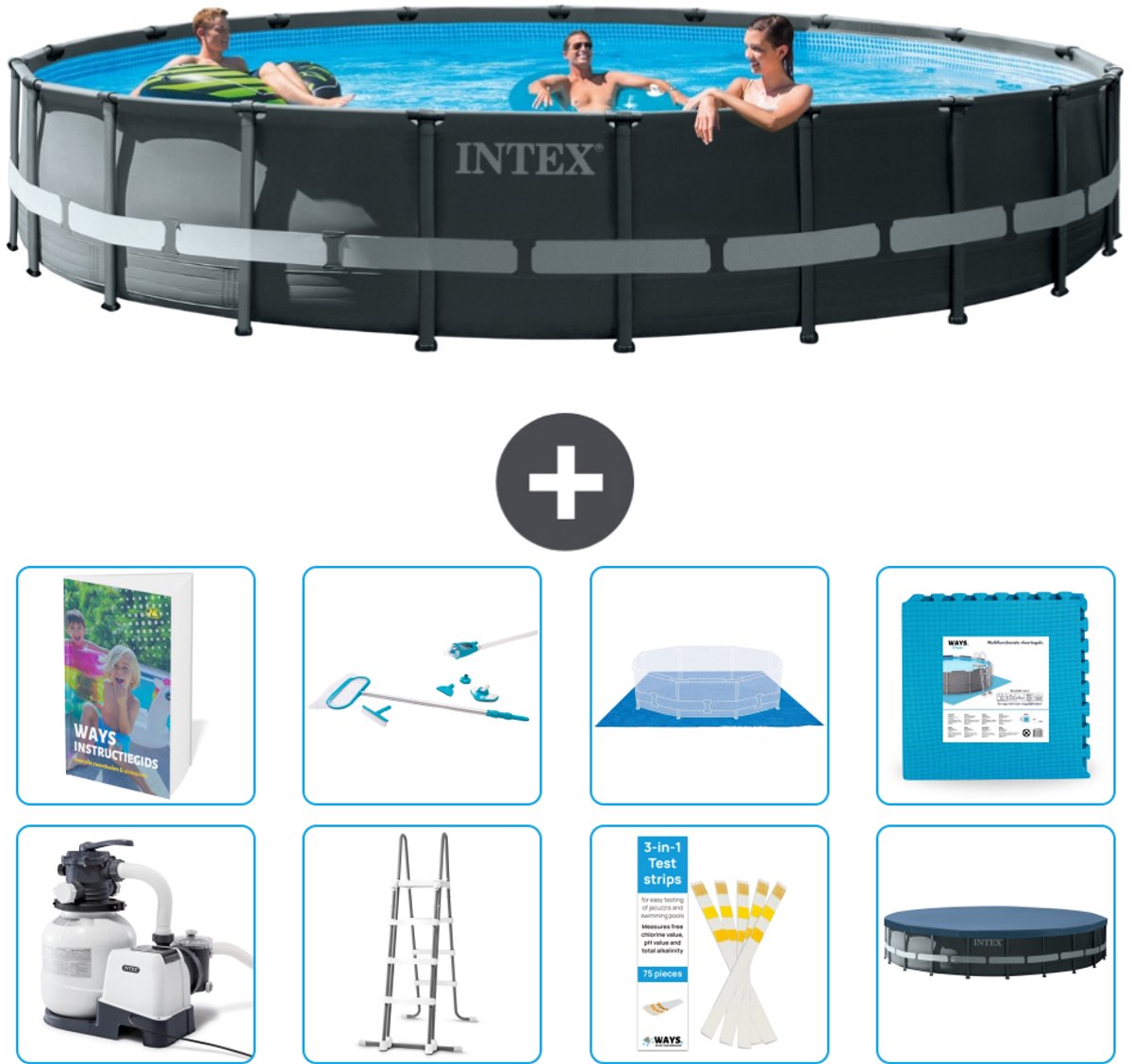 Intex Rond Ultra XTR Frame Zwembad - 610 x 122 cm - Inclusief Pomp - Ladder - Grondzeil - Afdekzeil - Schoonmaakset - Vloertegels - 9-delig