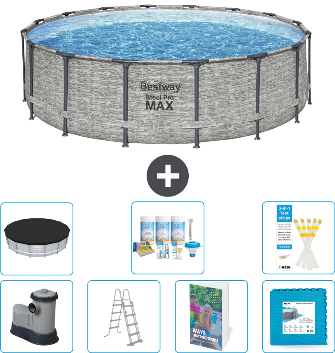 Bestway Rond Steel Pro MAX Zwembad - Steenprint - 488 x 122 cm - Inclusief Pomp - Ladder - Afdekzeil - Onderhoudspakket - Vloertegels - 8-delig