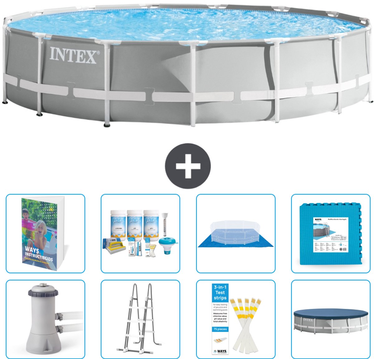 Intex Rond Prism Frame Zwembad - 457 x 107 cm - Grijs - Inclusief Pomp - Ladder - Grondzeil - Afdekzeil - Onderhoudspakket - Vloertegels - 9-delig