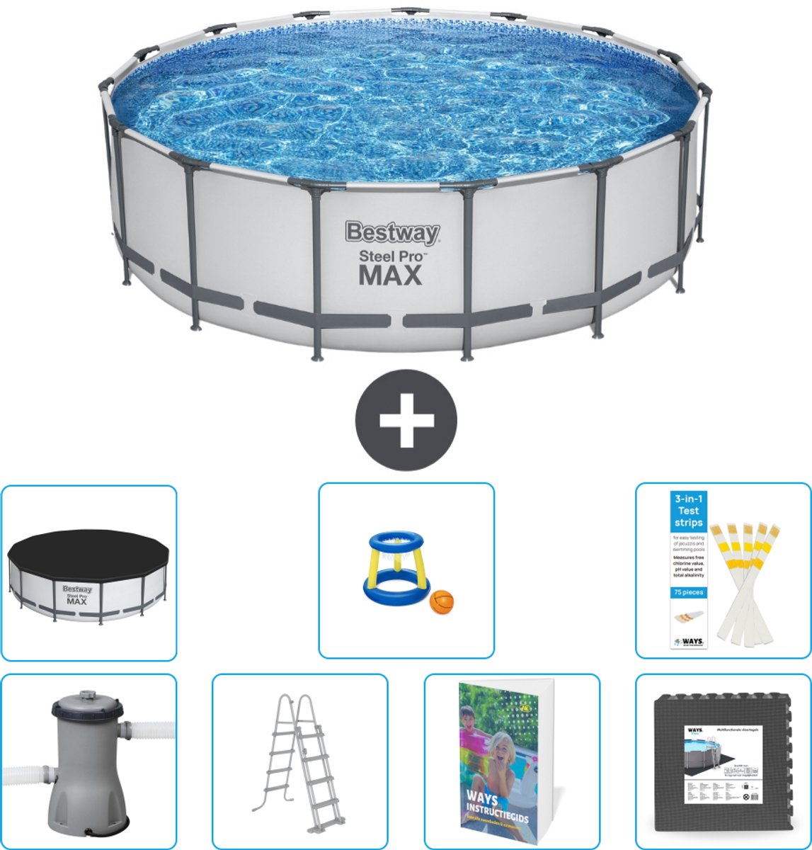 Bestway Rond Steel Pro MAX Zwembad - 457 x 122 cm - Grijs - Inclusief Pomp - Ladder - Afdekzeil - Speelgoed - Vloertegels - 8-delig