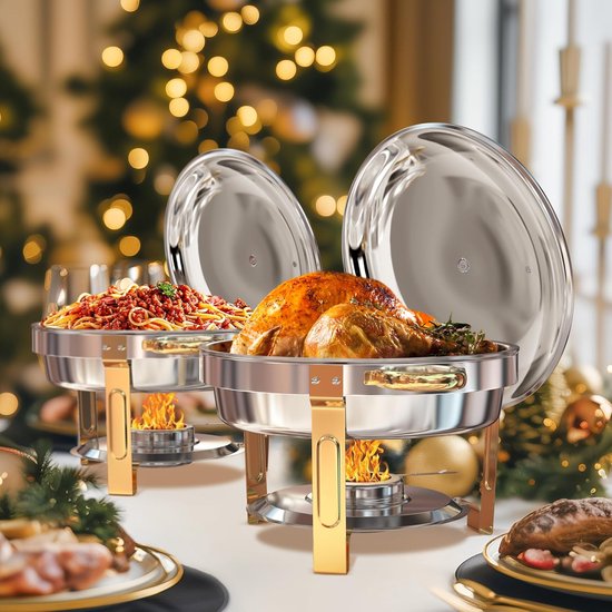 WARMOUNTS Chafing Dish Set 2 Stuks Goud – 4,73L RVS Buffet Warmhoudbak met RVS Deksel en Dekselhouder – Ronde Voedselverwarmer voor Catering, Feest, Bruiloft en Horeca — afbeelding 3