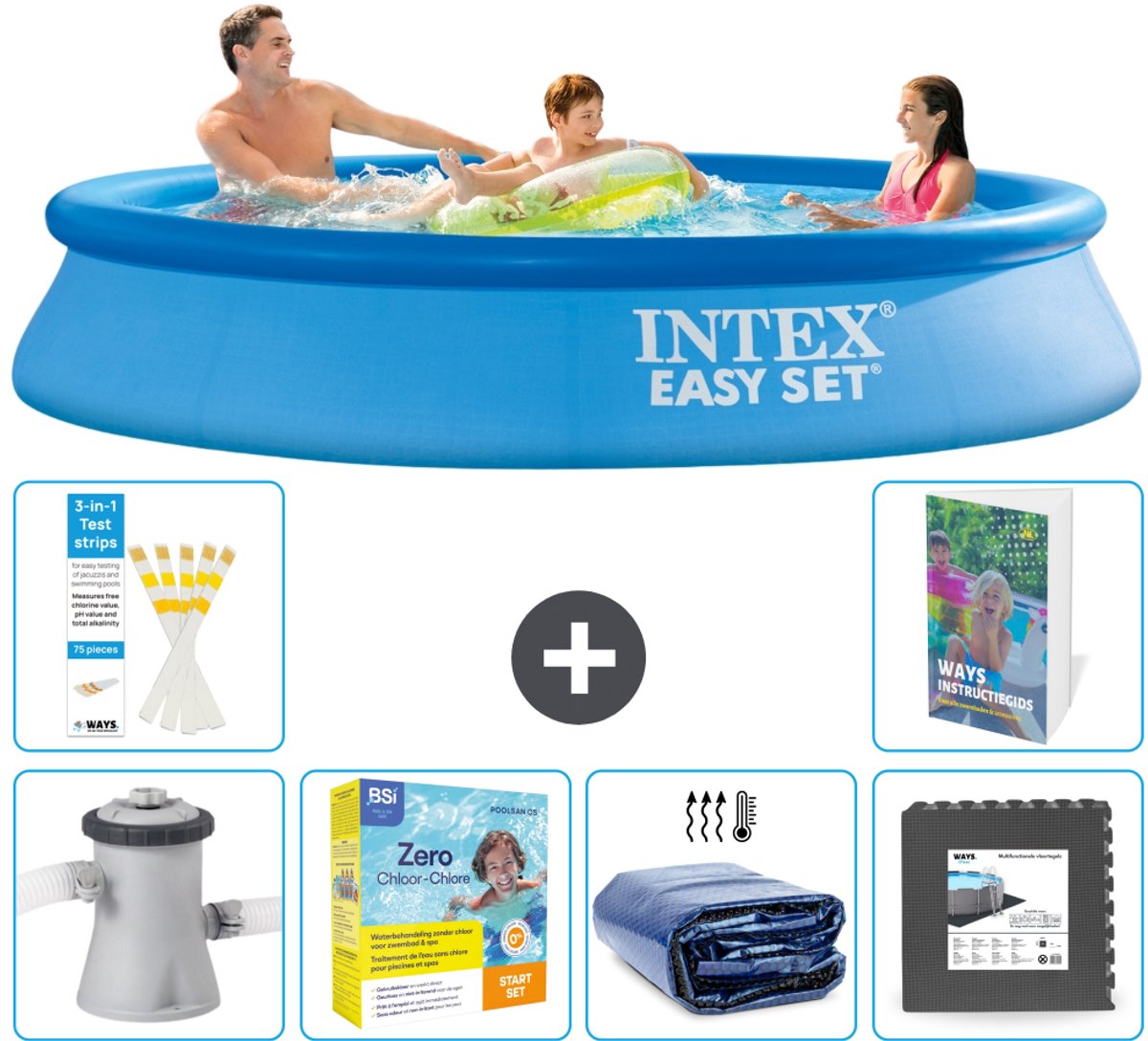 Intex Rond Opblaasbaar Easy Set Zwembad - 305 x 61 cm - Blauw - Inclusief Pomp - Onderhoudspakket - Solarzeil - Vloertegels - 7-delig