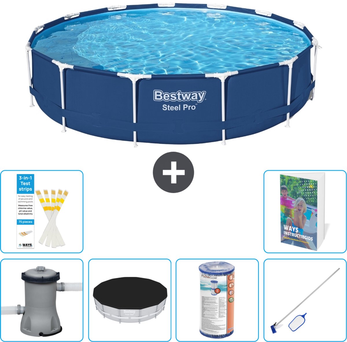 Bestway Rond Steel Pro Zwembad - 396 x 84 cm - Blauw - Inclusief Pomp - Afdekzeil - Filter - Schoonmaakset - 7-delig