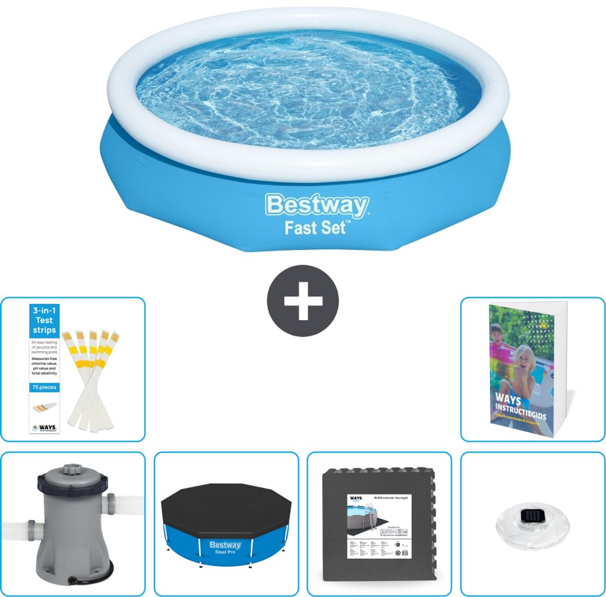 Bestway Rond Opblaasbaar Fast Set Zwembad - 305 x 66 cm - Blauw - Inclusief Pomp - Afdekzeil - Vloertegels - Verlichting - 7-delig