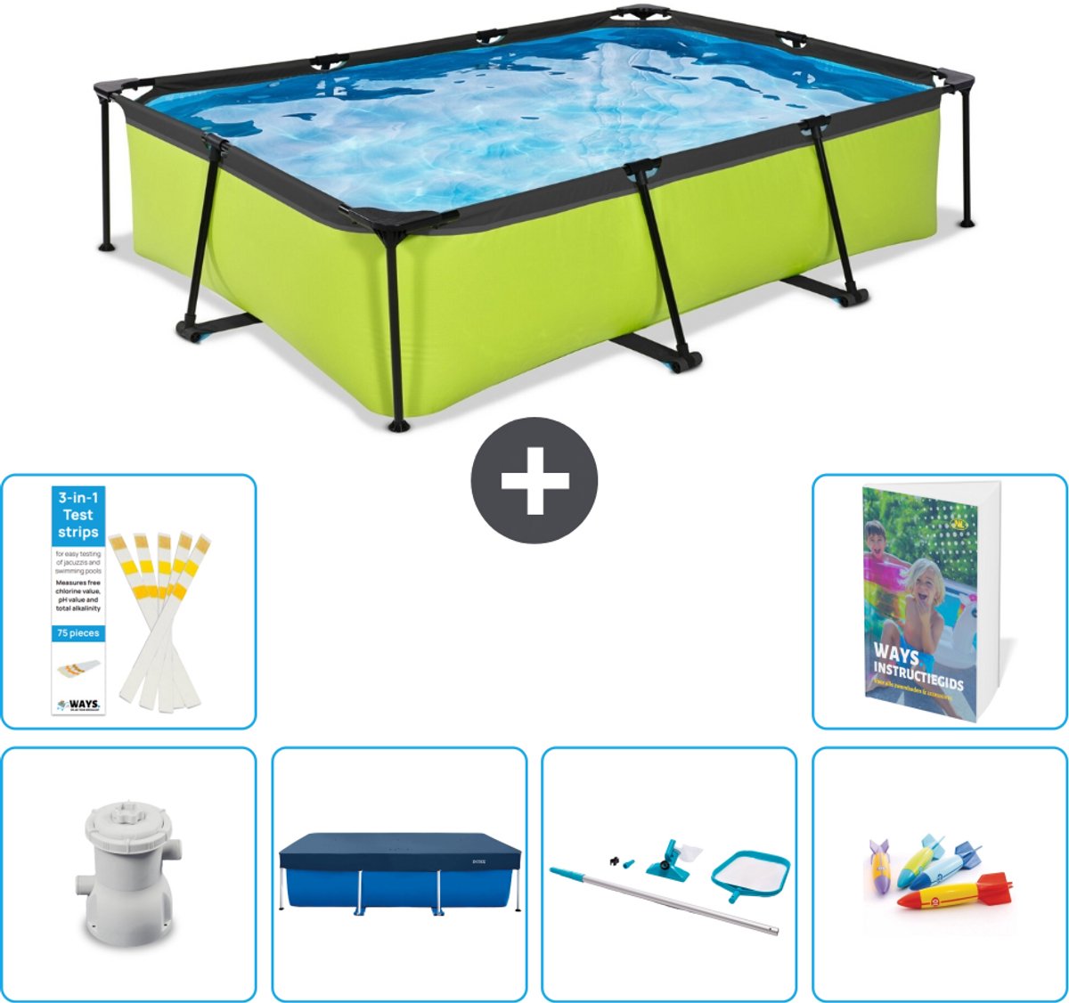 EXIT Rechthoekig Lime Frame Zwembad - 300 x 200 x 65 cm - Inclusief Pomp - Afdekzeil - Schoonmaakset - Speelgoed - 7-delig