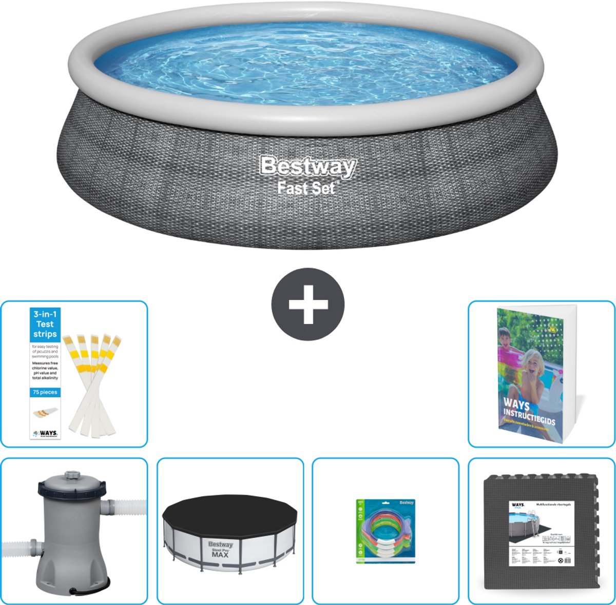 Bestway Rond Opblaasbaar Fast Set Zwembad - Rotanprint - 457 x 84 cm - Inclusief Pomp - Afdekzeil - Speelgoed - Vloertegels - 7-delig