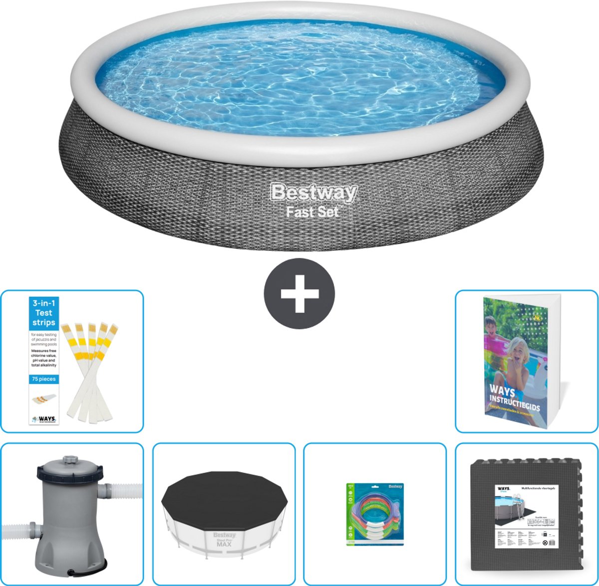 Bestway Rond Opblaasbaar Fast Set Zwembad - Rotanprint - 396 x 84 cm - Inclusief Pomp - Afdekzeil - Speelgoed - Vloertegels - 7-delig