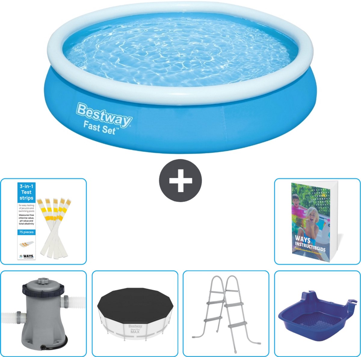 Bestway Rond Opblaasbaar Fast Set Zwembad - 366 x 76 cm - Blauw - Inclusief Pomp - Afdekzeil - Ladder - Voetenbad - 7-delig