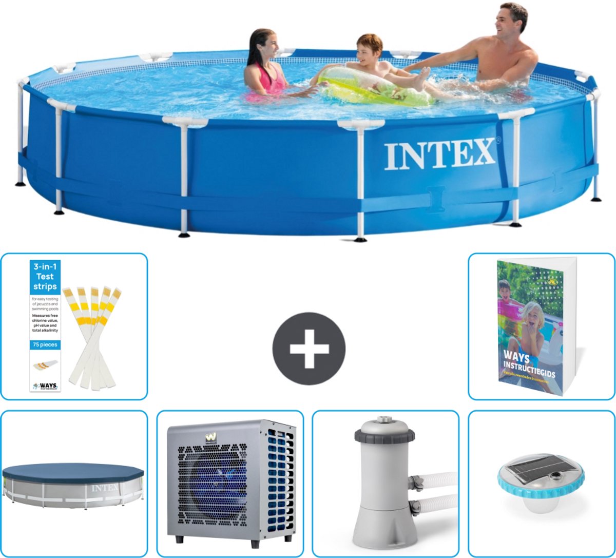 Intex Rond Frame Zwembad - 366 x 76 cm - Blauw - Inclusief Afdekzeil - Warmtepomp - Zwembadfilterpomp - Verlichting - 7-delig