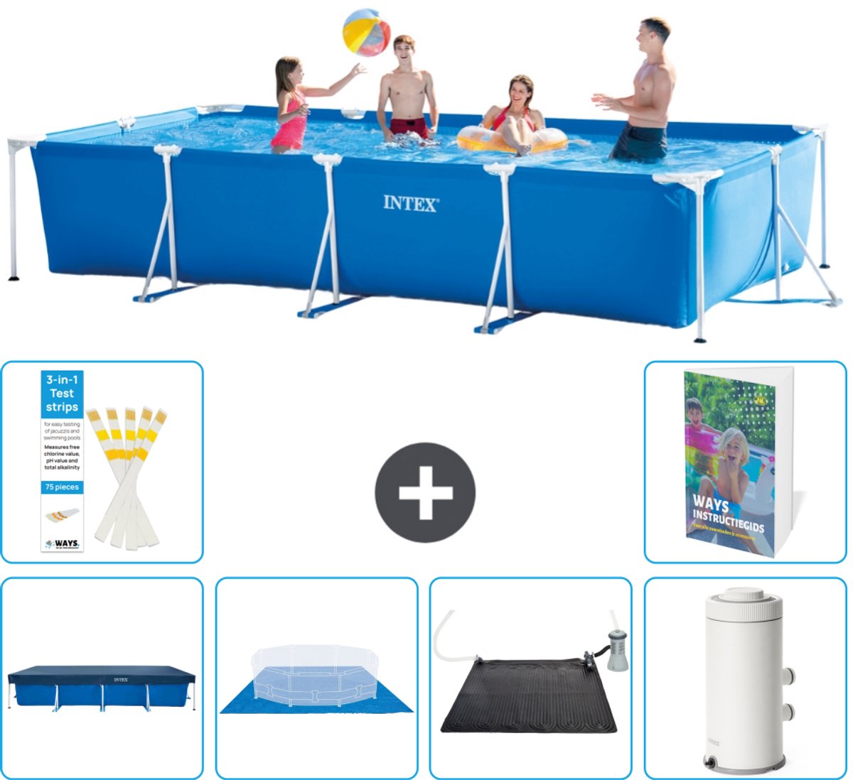 Intex Rechthoekig Frame Zwembad - 450 x 220 x 84 cm - Blauw - Inclusief Afdekzeil - Grondzeil - Solar Mat - Zwembadfilterpomp - 7-delig