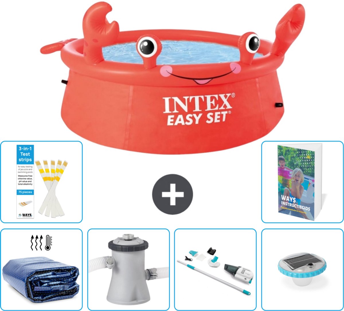 Intex Rond Opblaasbaar Easy Set Zwembad - 183 x 51 cm - Rood - Krab - Inclusief Solarzeil - Zwembadfilterpomp - Stofzuiger - Verlichting - 7-delig