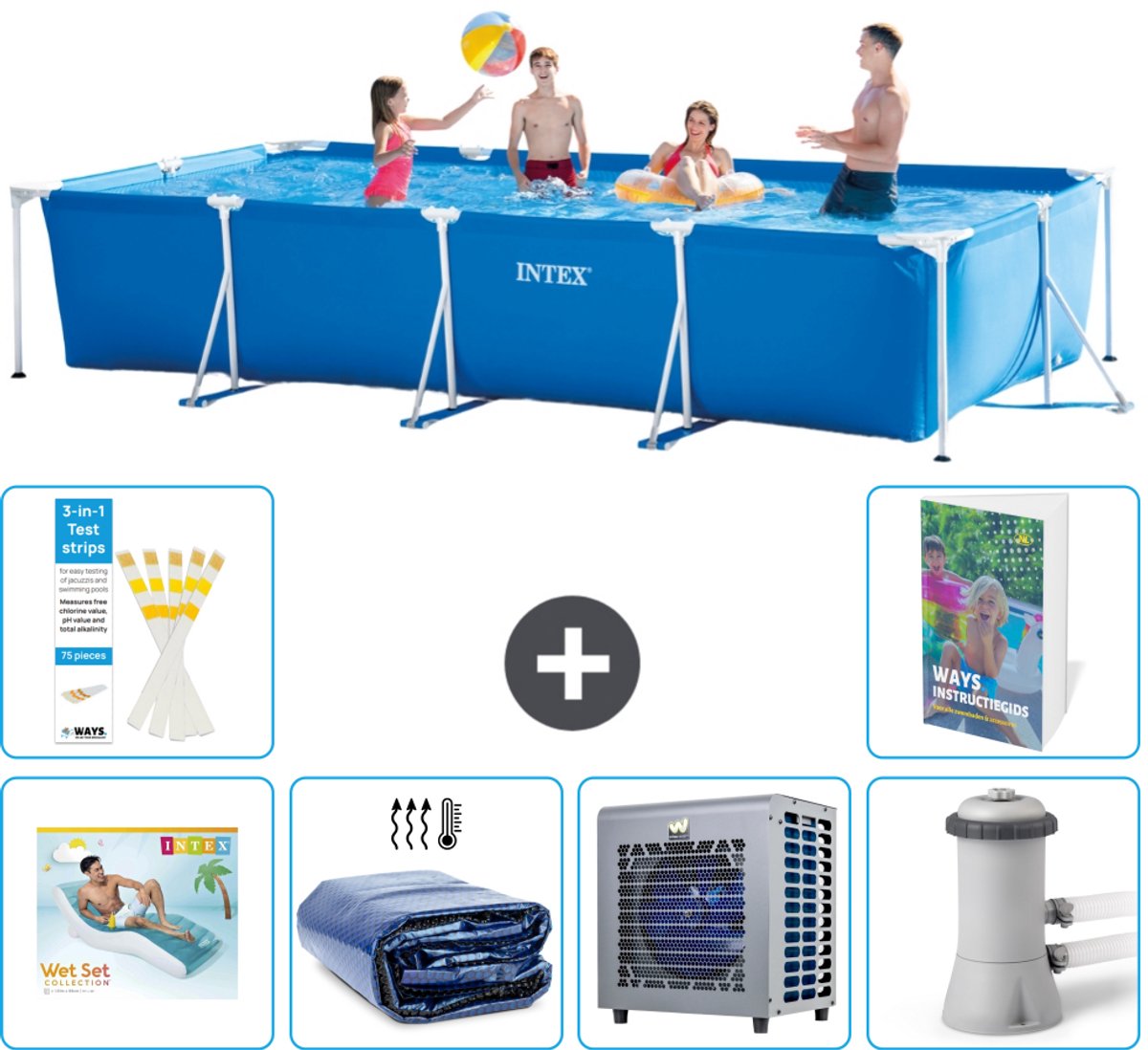 Intex Rechthoekig Frame Zwembad - 450 x 220 x 84 cm - Blauw - Inclusief Loungebed - Solarzeil - Warmtepomp - Zwembadfilterpomp - 7-delig