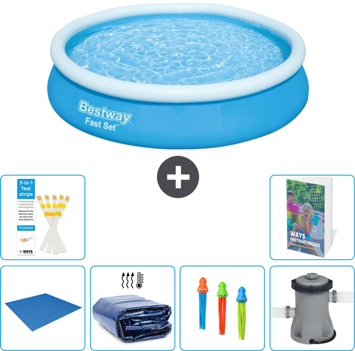 Bestway Rond Opblaasbaar Fast Set Zwembad - 366 x 76 cm - Blauw - Inclusief Grondzeil - Solarzeil - Speelgoed - Zwembadfilterpomp - 7-delig