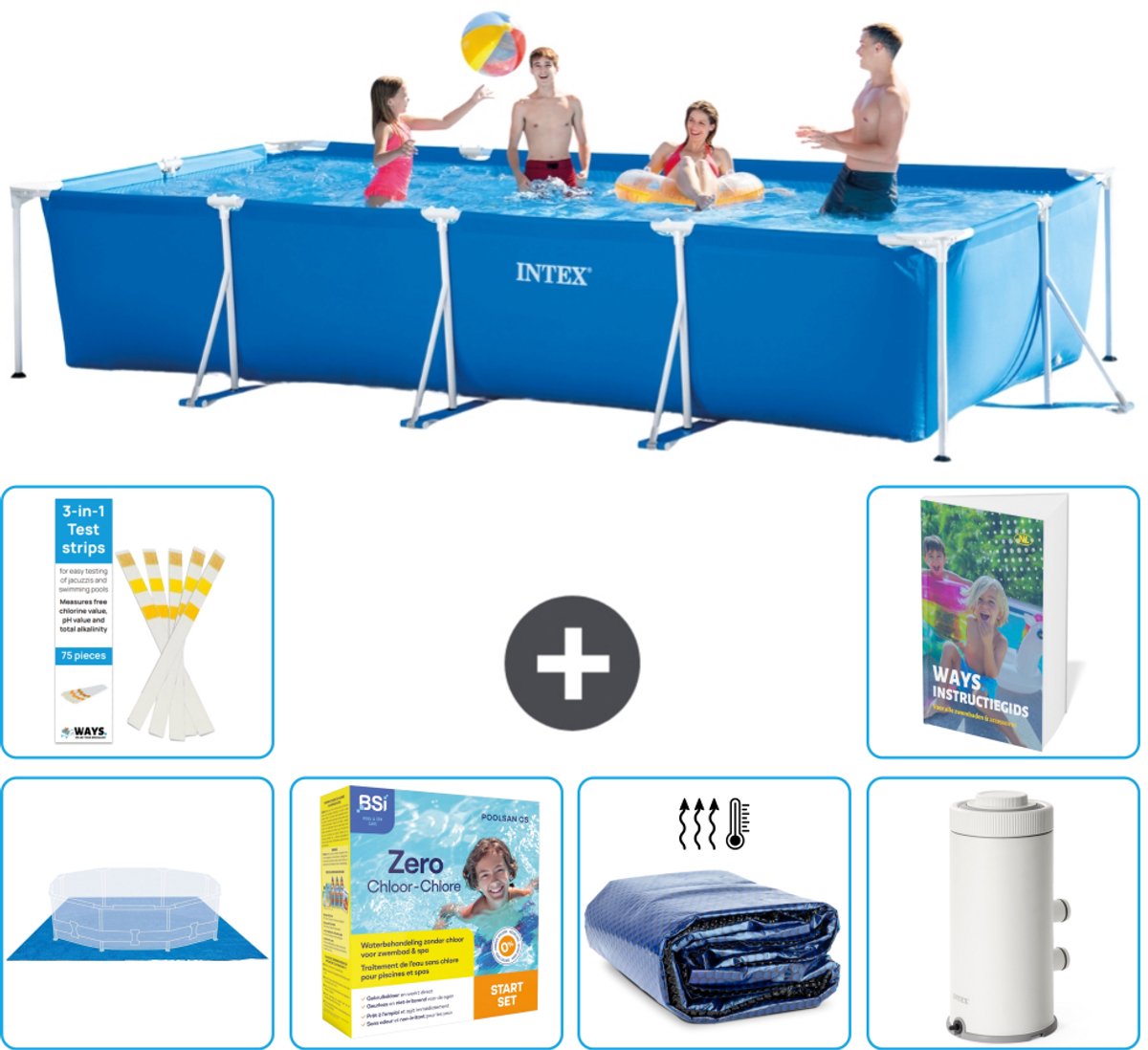 Intex Rechthoekig Frame Zwembad - 450 x 220 x 84 cm - Blauw - Inclusief Grondzeil - Onderhoudspakket - Solarzeil - Zwembadfilterpomp - 7-delig