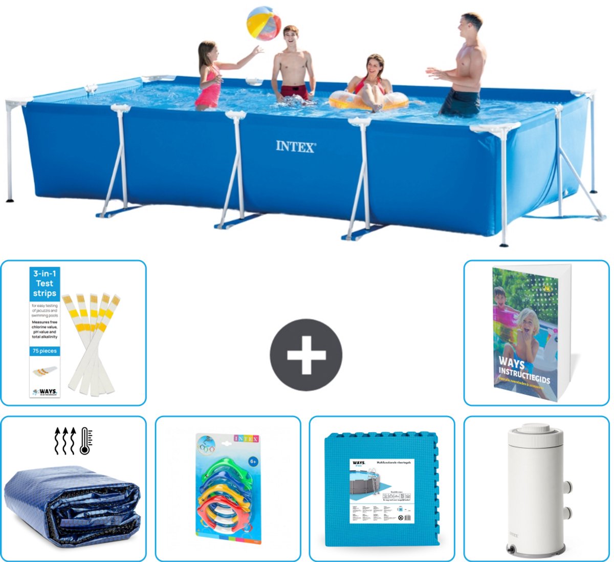 Intex Rechthoekig Frame Zwembad - 450 x 220 x 84 cm - Blauw - Inclusief Solarzeil - Speelgoed - Vloertegels - Zwembadfilterpomp - 7-delig
