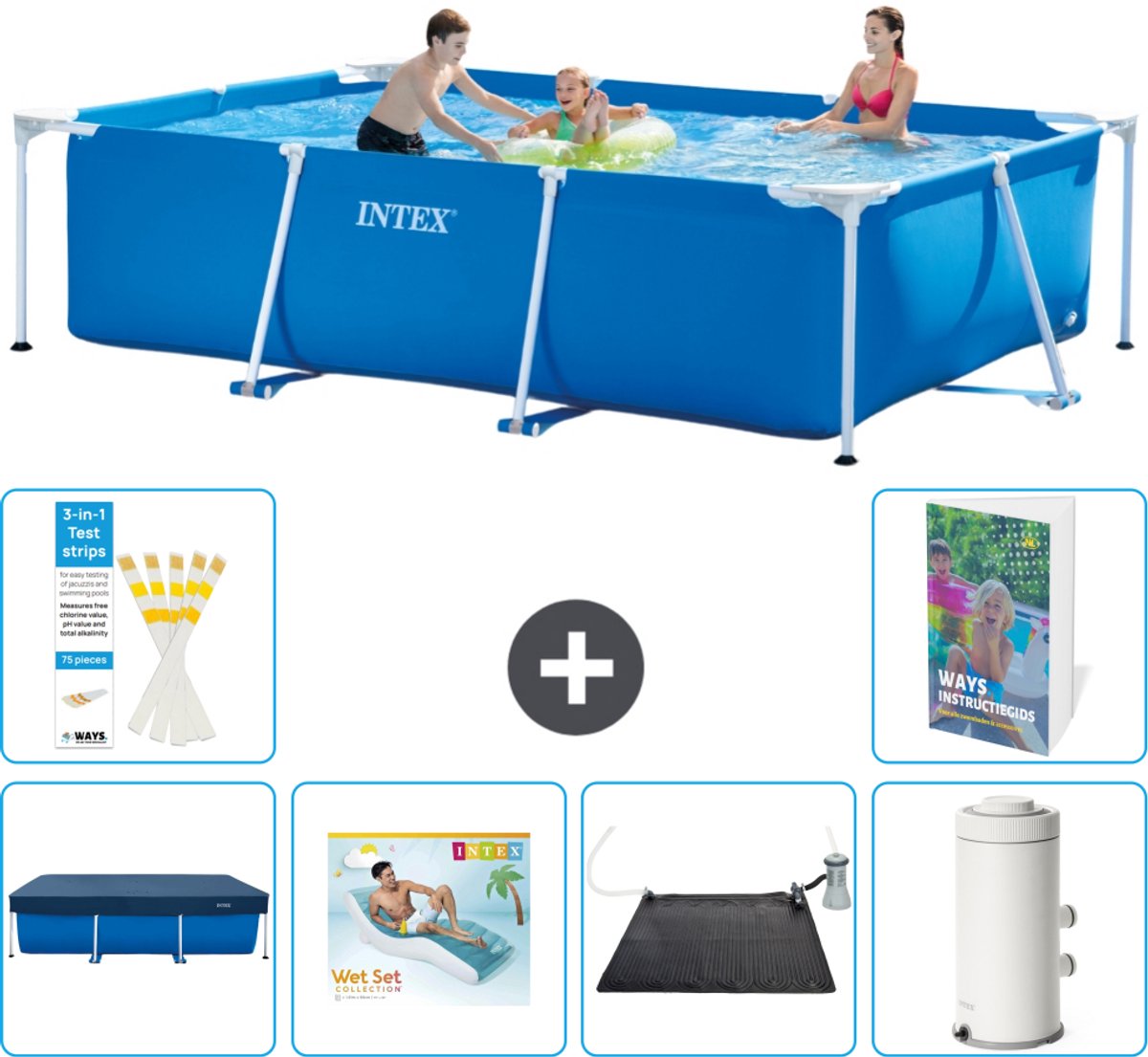 Intex Rechthoekig Frame Zwembad - 300 x 200 x 75 cm - Blauw - Inclusief Afdekzeil - Loungebed - Solar Mat - Zwembadfilterpomp - 7-delig