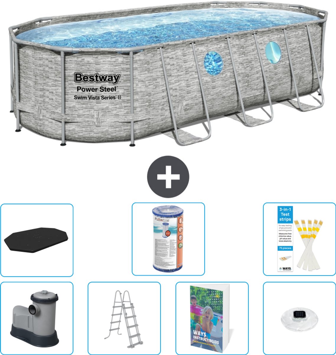 Bestway Ovaal Power Steel Swim Vista Zwembad - Steenprint - 549 x 274 x 122 - Inclusief Pomp - Ladder - Afdekzeil - Filter - Verlichting - 8-delig