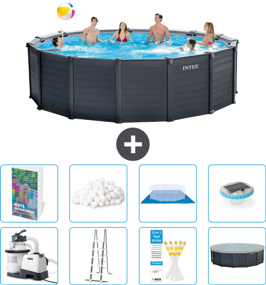 Intex Rond Graphite Gray Panel Zwembad - 478 x 124 cm - Inclusief Pomp - Ladder - Grondzeil - Afdekzeil - Filterbollen - Verlichting - 9-delig