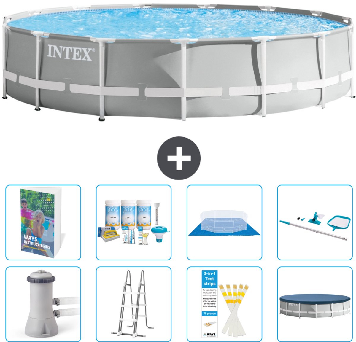 Intex Rond Prism Frame Zwembad - 457 x 107 cm - Grijs - Inclusief Pomp - Ladder - Grondzeil - Afdekzeil - Onderhoudspakket - Schoonmaakset - 9-delig