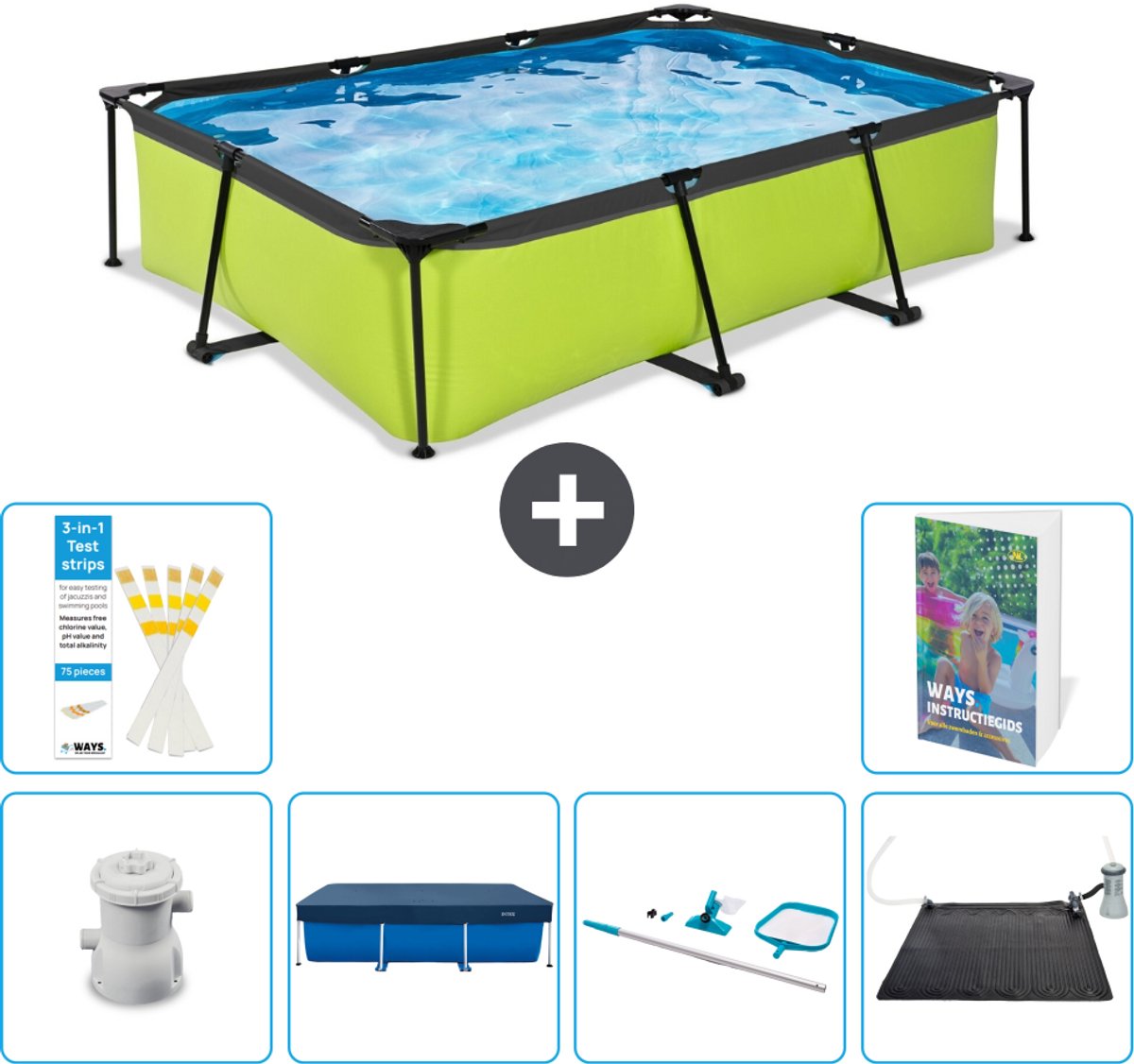 EXIT Rechthoekig Lime Frame Zwembad - 300 x 200 x 65 cm - Inclusief Pomp - Afdekzeil - Schoonmaakset - Solar Mat - 7-delig
