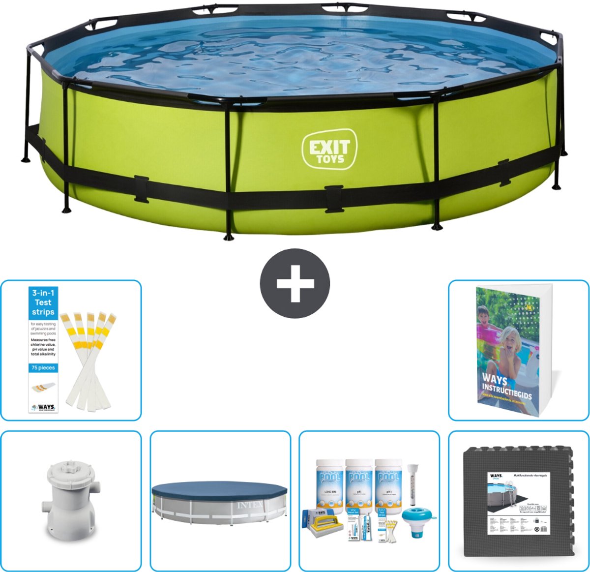 EXIT Rond Lime Frame Zwembad - 360 x 76 cm - Inclusief Pomp - Afdekzeil - Onderhoudspakket - Vloertegels - 7-delig