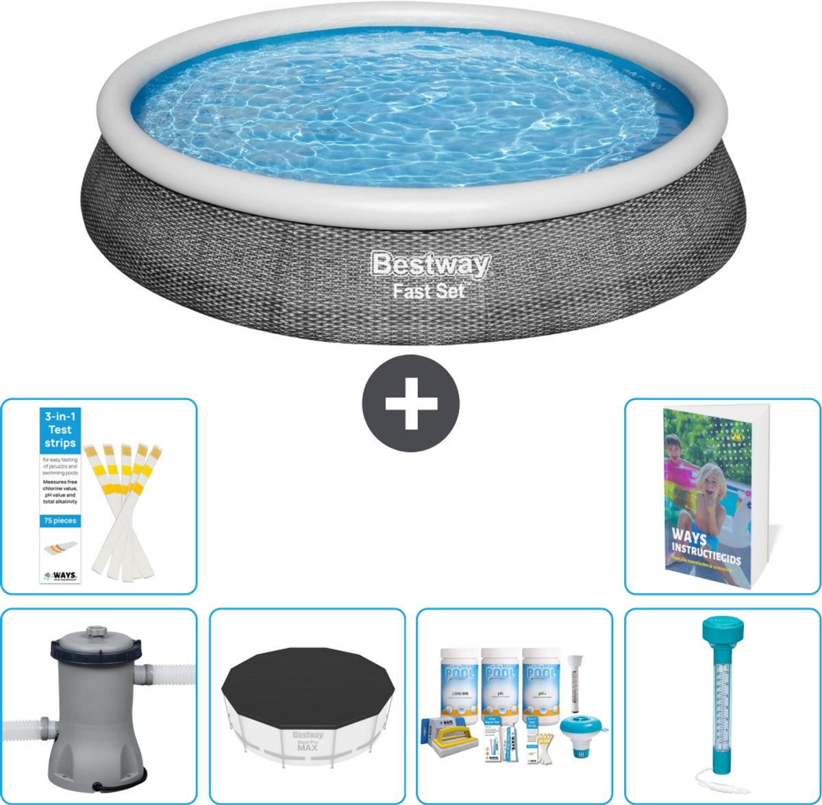 Bestway Rond Opblaasbaar Fast Set Zwembad - Rotanprint - 396 x 84 cm - Inclusief Pomp - Afdekzeil - Onderhoudspakket - Thermometer - 7-delig