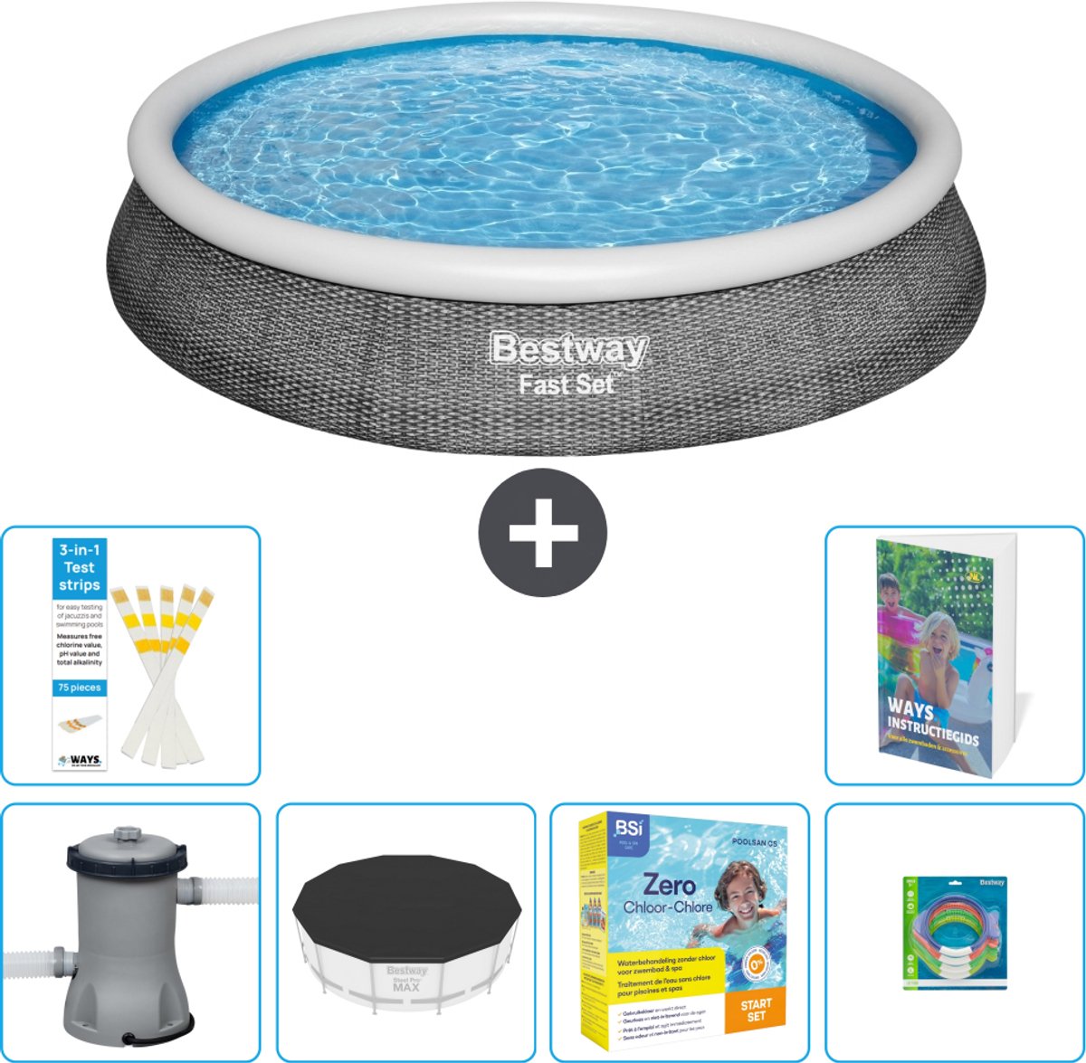 Bestway Rond Opblaasbaar Fast Set Zwembad - Rotanprint - 396 x 84 cm - Inclusief Pomp - Afdekzeil - Onderhoudspakket - Speelgoed - 7-delig