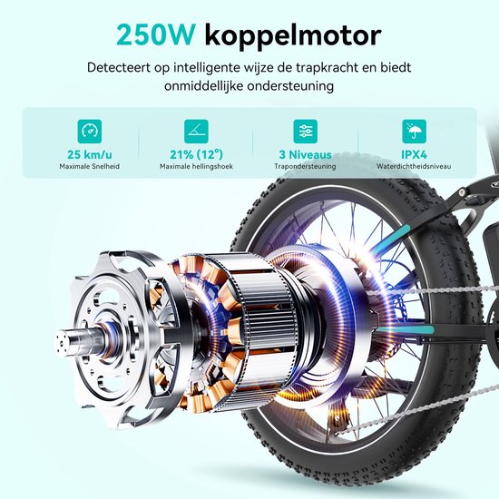 Hitway Elektrische Fiets BK9SR - 26*4.0 Inch Fatbike - Mountain Snow EBike met Afneembare 48V 15Ah Lithium Batterij - City Commuter E-Bike met 250W Motor - Maximale Actieradius tot 90-120 KM - Compatibel met APP en NFC van Hitway — afbeelding 5