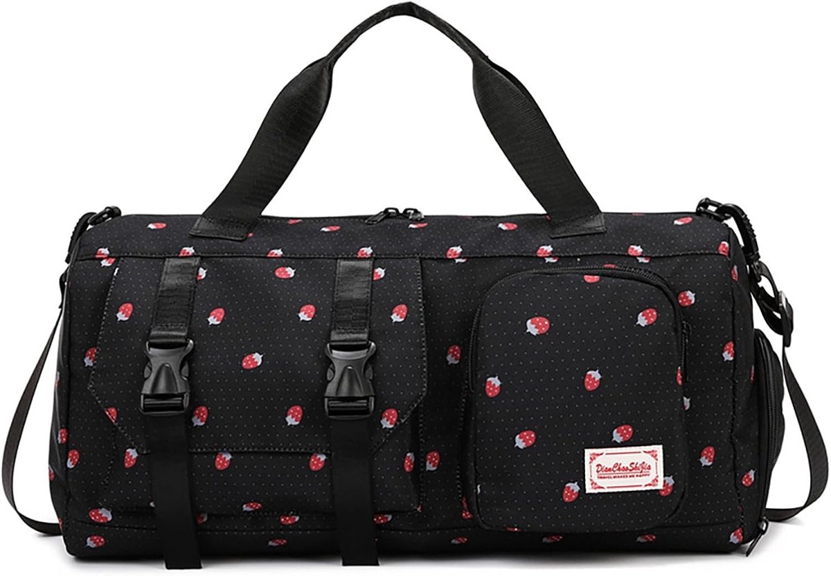 Sporttas Kinderen - Reis- en Zwemtas - Weekendjes Weg - Aardbeienpatroon - 47x25x26 cm - Zwart
