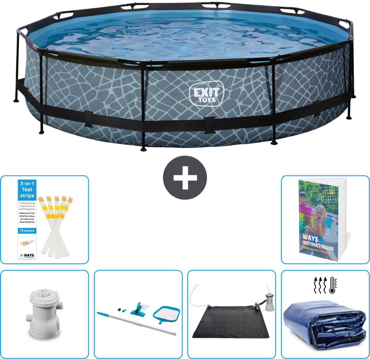 EXIT Rond Stone Frame Zwembad - 360 x 76 cm - Inclusief Pomp - Schoonmaakset - Solar Mat - Solarzeil - 7-delig