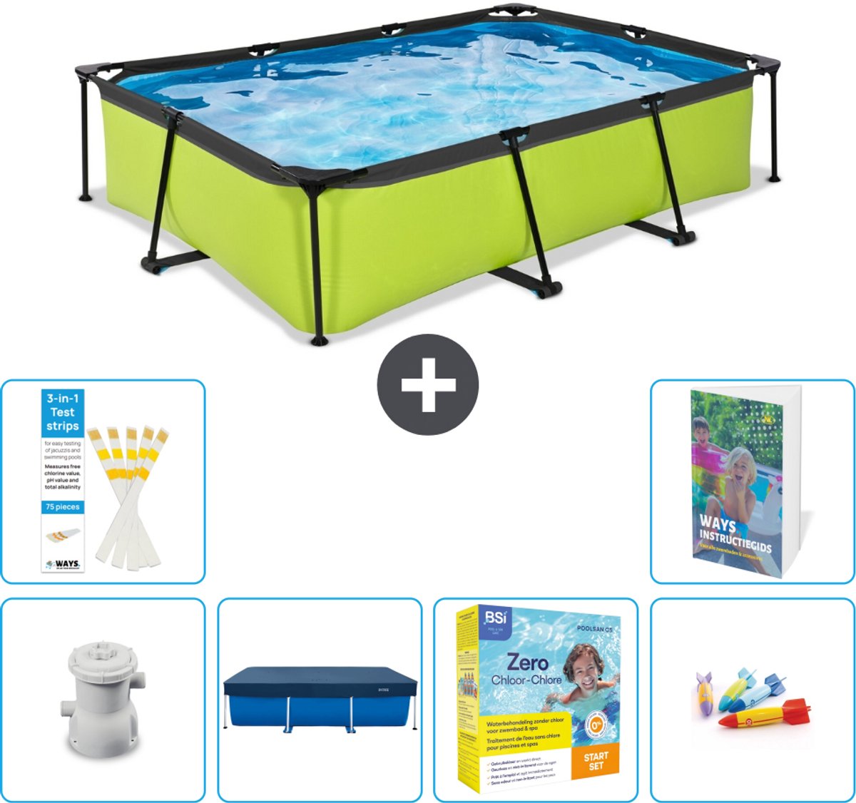 EXIT Rechthoekig Lime Frame Zwembad - 300 x 200 x 65 cm - Inclusief Pomp - Afdekzeil - Onderhoudspakket - Speelgoed - 7-delig