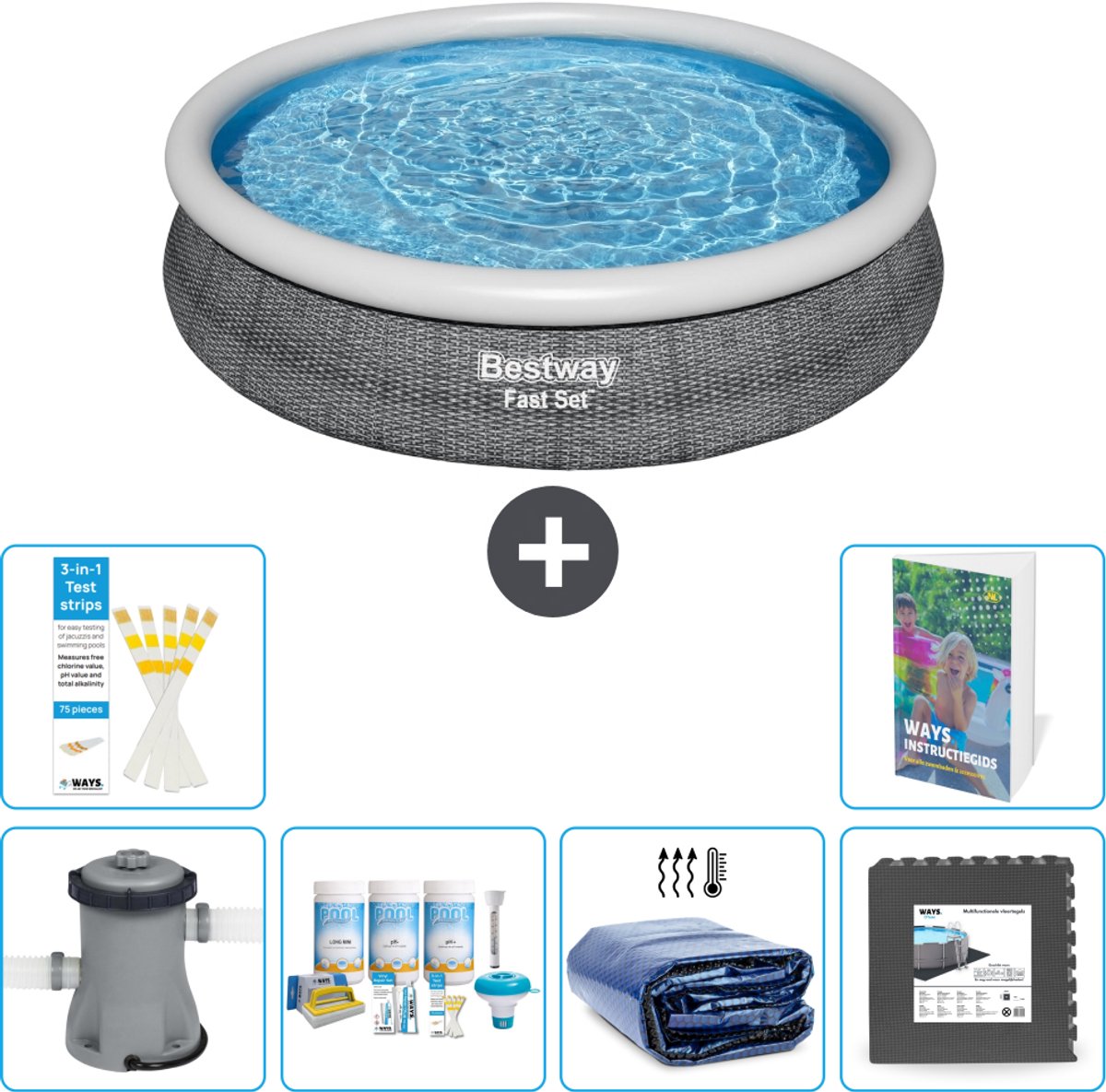 Bestway Rond Opblaasbaar Fast Set Zwembad - Rotanprint - 366 x 76 cm - Inclusief Pomp - Onderhoudspakket - Solarzeil - Vloertegels - 7-delig