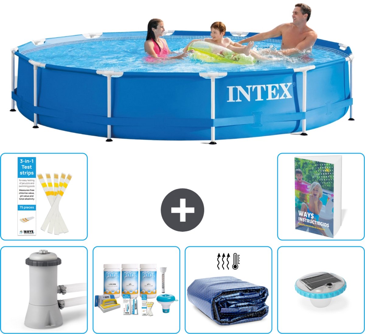 Intex Rond Frame Zwembad - 366 x 76 cm - Blauw - Inclusief Pomp - Onderhoudspakket - Solarzeil - Verlichting - 7-delig