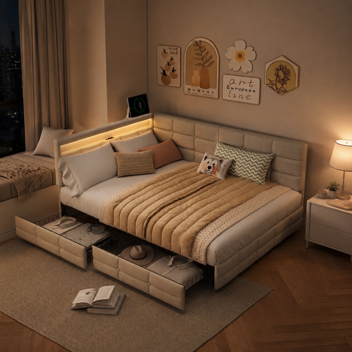 Tweepersoonsbed 140x190 cm met 2 lades, Slaapbank Moderne met ledverlichting en multifunctionele USB-poorten, lattenbodem en opbergruimte, linnen Beige