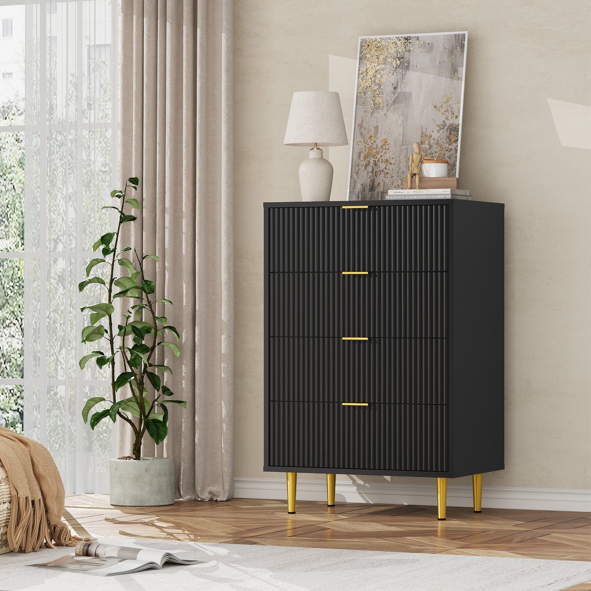 Smalle ladenkast met 4 laden, 60×40×94 cm – geribbeld golvend front, goudkleurige metalen handgrepen en poten, inclusief kantelbeveiliging, geschikt voor slaapkamer, woonkamer en gang