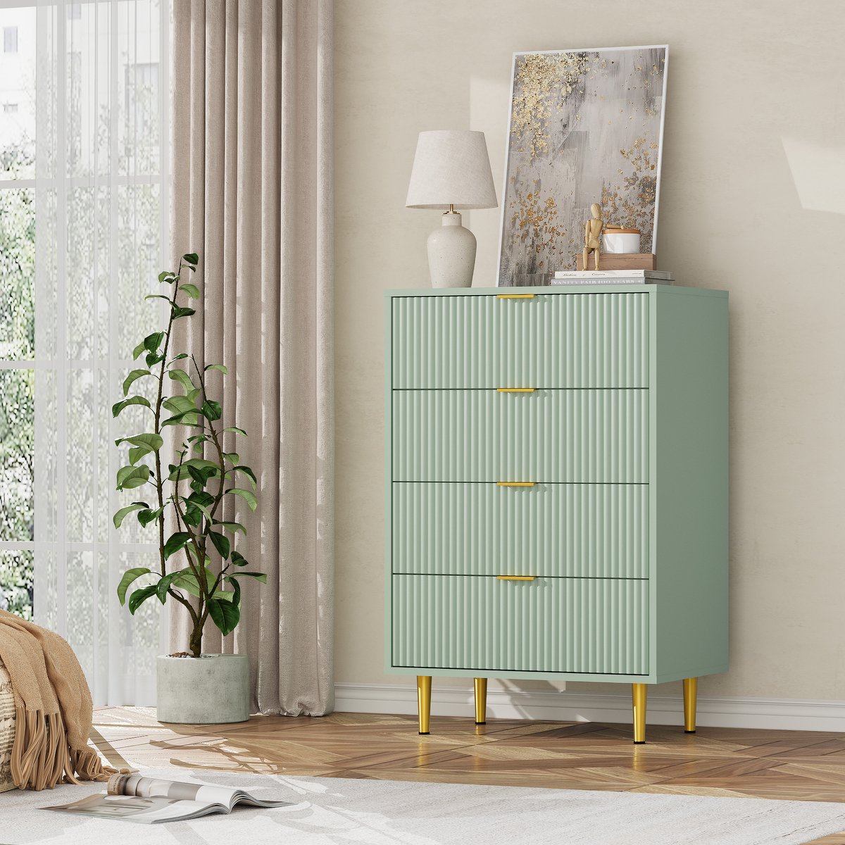 Smalle ladenkast met 4 laden, 60×40×94 cm – geribbeld golvend front, goudkleurige metalen handgrepen en poten, inclusief kantelbeveiliging, geschikt voor slaapkamer, woonkamer en gang