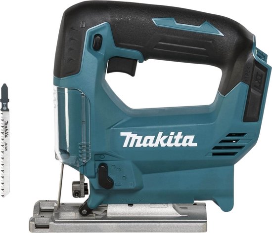 Turquoise Makita decoupeerzaag met zwart handvat en doorzichtige stofkap. Blanco zaagblad met 'Makita' logo.