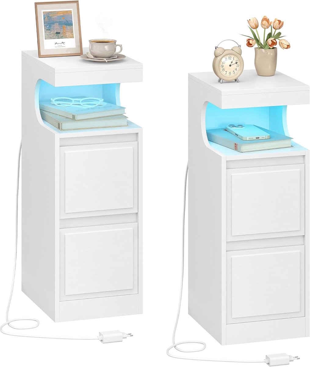 Hzuaneri Nachtkastje set van 2 met LED, Bijzettafel met 2 laden, Nachtkastje, U-vormig Open Vak, Verstelbaar Licht, voor Slaapkamer, Woonkamer, 30 x 24 x 65 cm Wit