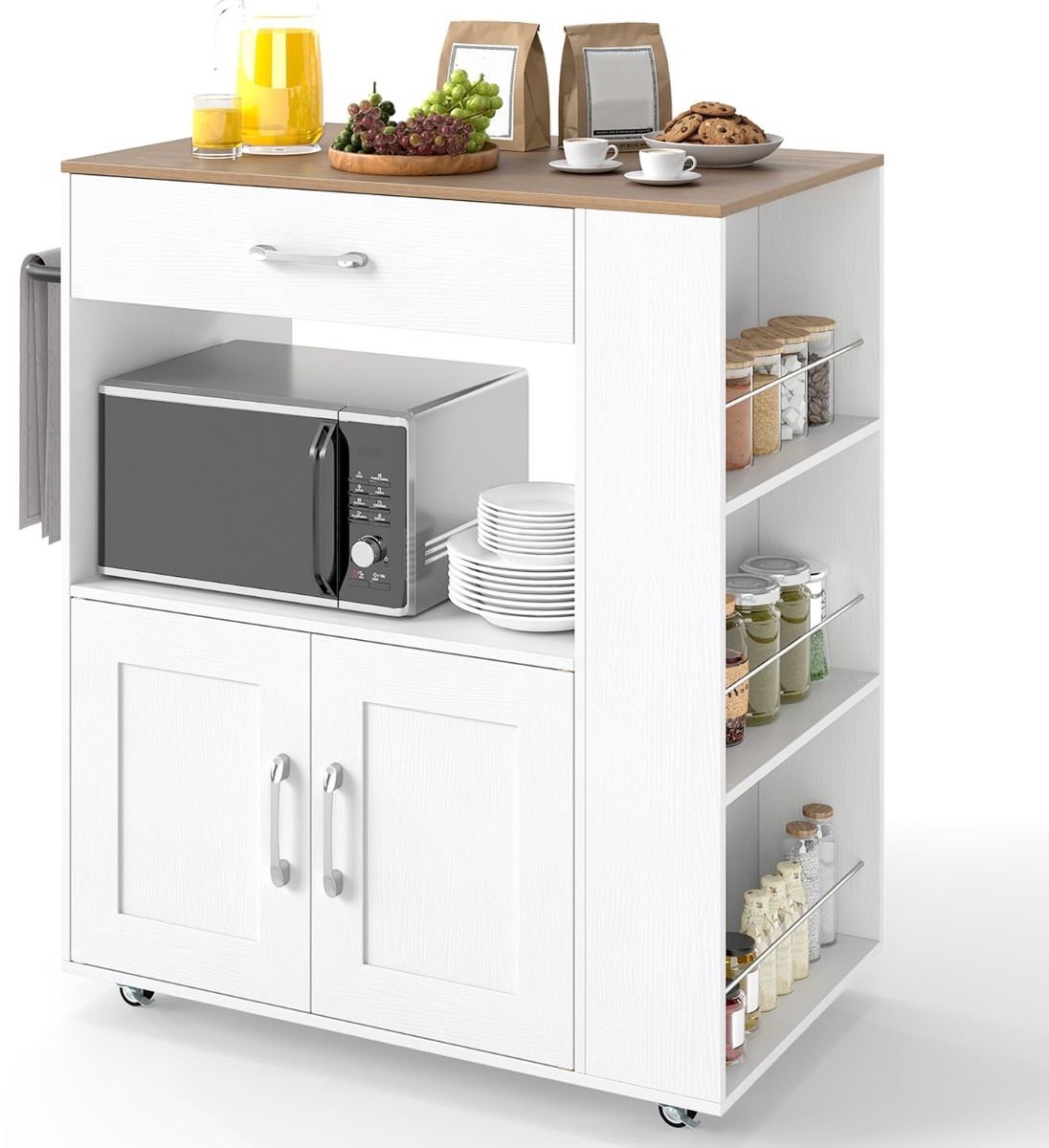 Magnetronkast - Keukenkast - Keukenrek Staand - Ovenkast - 75L x46B x 90.5H - Organizers - Draagplank - Aanrecht Organiser - Wit + Naturel