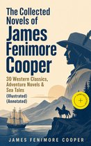 Boekomslag met de titel 'The Collected Novels of James Fenimore Cooper'. Bevat illustraties van een zeilschip, een ruiter te paard en bergen.