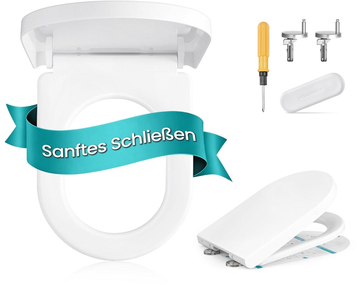 D-vormige lange toiletbril met soft-close mechanisme en afneembaar deksel - 46 x 36 cm - Wit