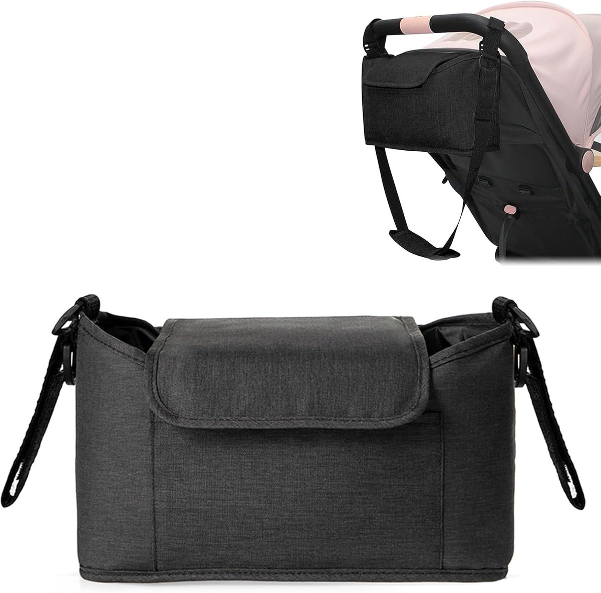 Zwarte Universele Kinderwagen Opbergtas 30×10×17cm | Verstelbare Band Luier Opzak met Afdekflap en Extra Haakjes