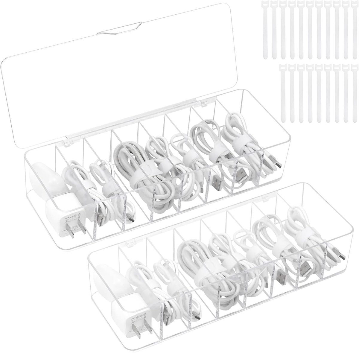 Transparante Kabelopslagdoos met 8 Compartimenten en 20 Kabelbinders voor Thuis en Kantoor, Ideaal voor Kabelbeheer en Desk Storage